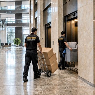 Goldfields Removals Group crew moving boxes and furniture into a building elevator