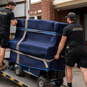 Goldfields Removals Group crew strapping and loading a wrapped piece of furniture into the truck