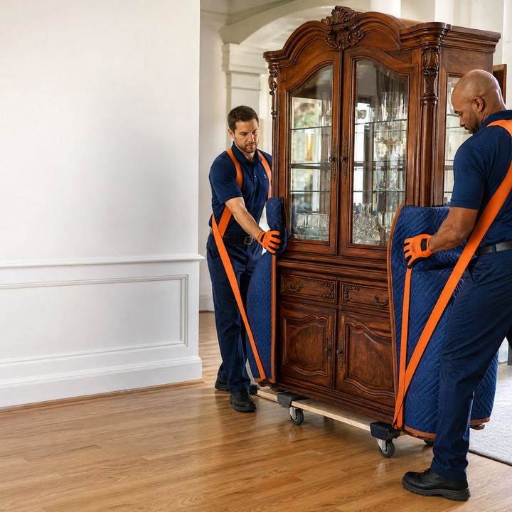 Two removalists carefully moving a large antique china cabinet on a furniture dolly, secured with moving straps
